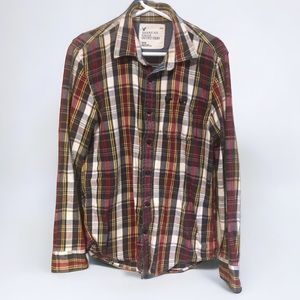 American Eagle Plaid Thick Flannel Shirt Gray Red Yellow White Mens Size Medium